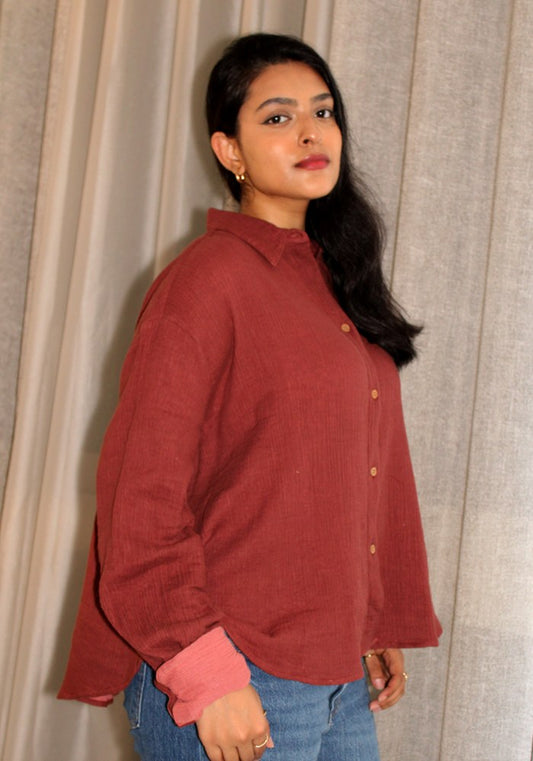 Maroon Crinkle Muslin Oversized Shirt