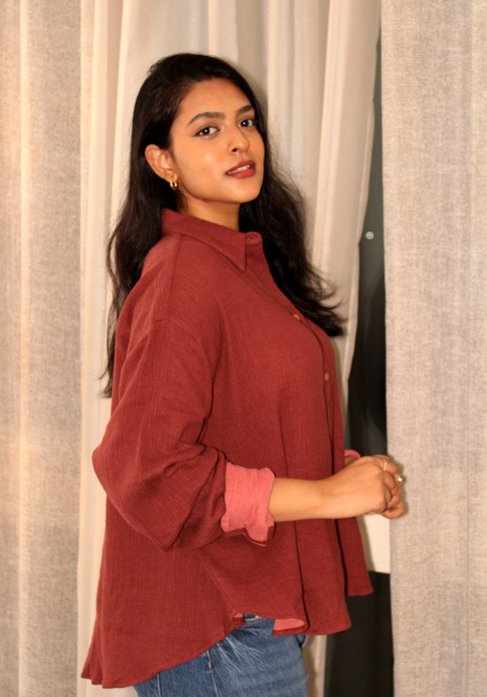 Maroon Crinkle Muslin Oversized Shirt