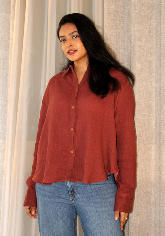 Maroon Crinkle Muslin Oversized Shirt Maroon - view 4