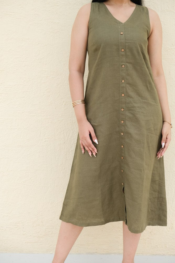 A-Line Linen Midi Dress Sage Earth - view 3