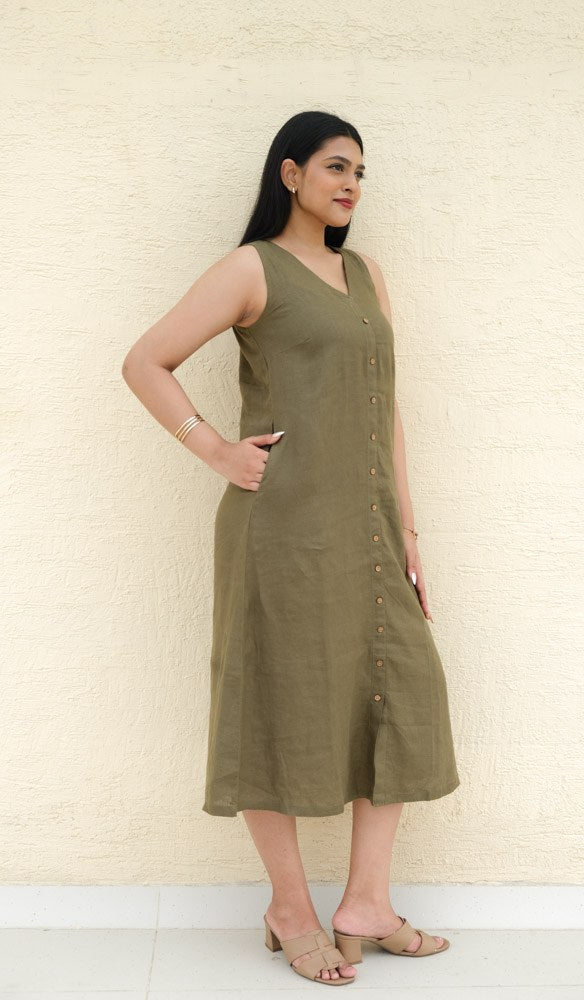 A-Line Linen Midi Dress Sage Earth - view 5