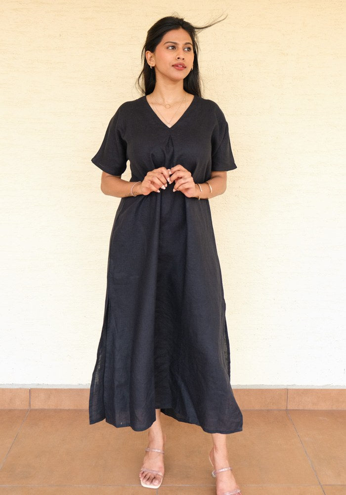 Eterna Linen High Slit Dress with Detachable Belt Midnight Noir - view 1