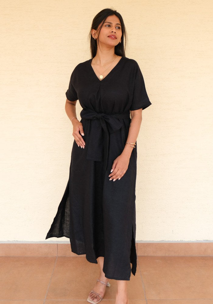 Eterna Linen High Slit Dress with Detachable Belt Midnight Noir - view 3