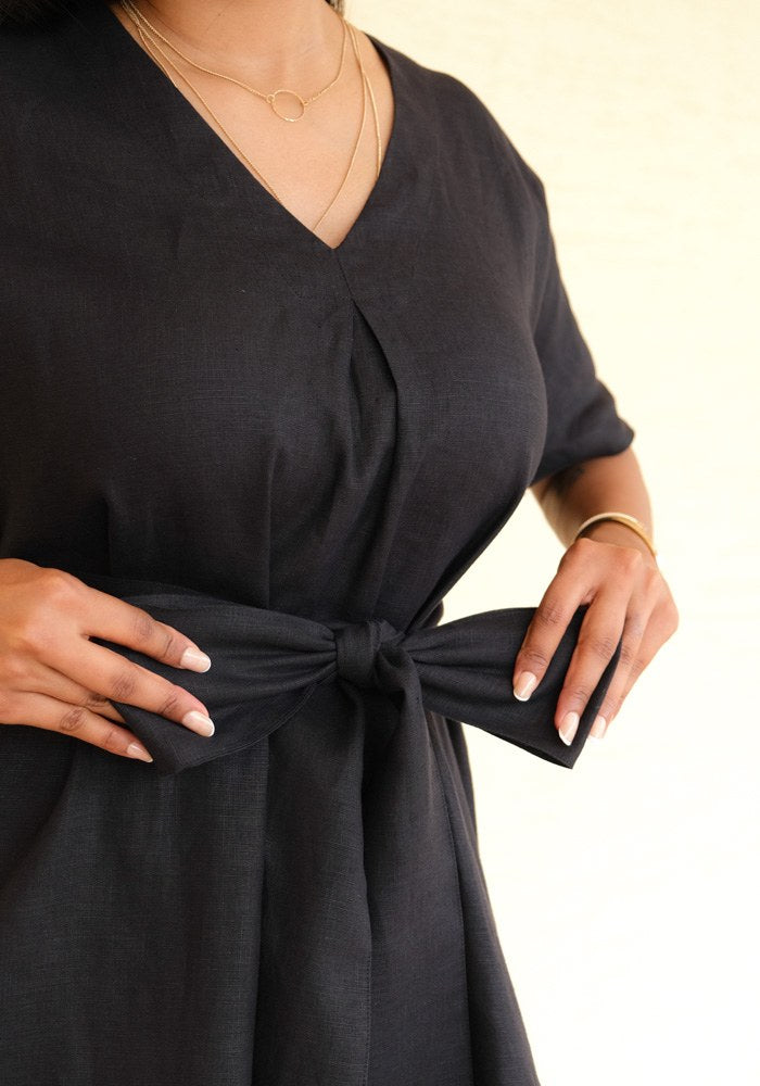 Eterna Linen High Slit Dress with Detachable Belt Midnight Noir - view 4