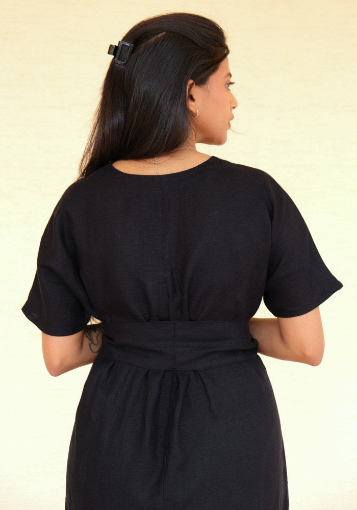 Eterna Linen High Slit Dress with Detachable Belt Midnight Noir - view 5