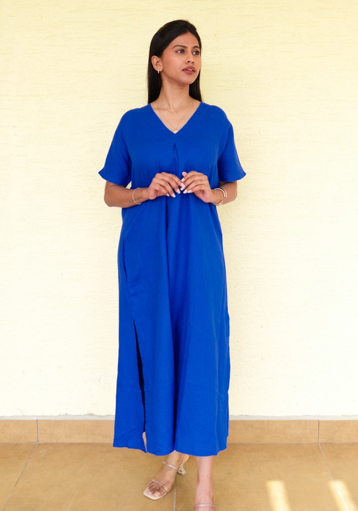 Eterna Linen High Slit Dress with Detachable Belt Royal Wave - view 1