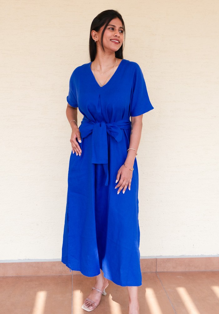 Eterna Linen High Slit Dress with Detachable Belt Royal Wave - view 3