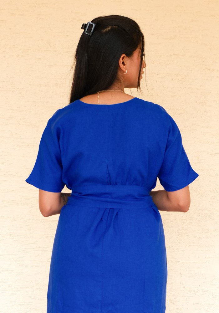 Eterna Linen High Slit Dress with Detachable Belt Royal Wave - view 4
