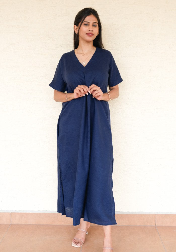 Eterna Linen High Slit Dress with Detachable Belt Midnight Tide - view 1