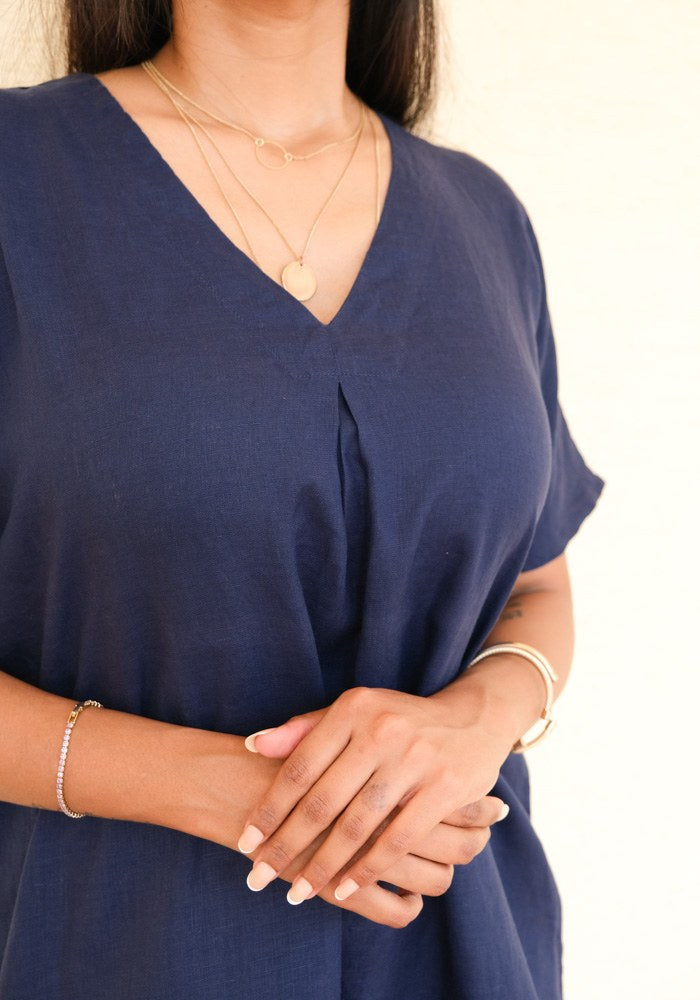 Eterna Linen High Slit Dress with Detachable Belt Midnight Tide - view 2