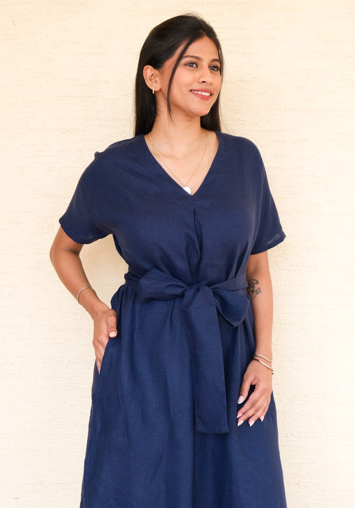 Eterna Linen High Slit Dress with Detachable Belt Midnight Tide - view 3