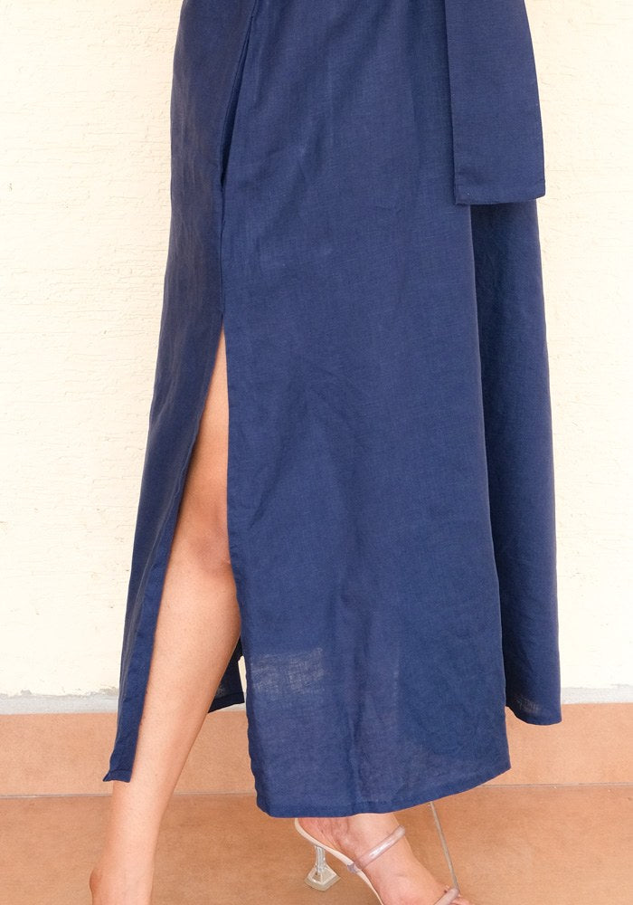 Eterna Linen High Slit Dress with Detachable Belt Midnight Tide - view 4
