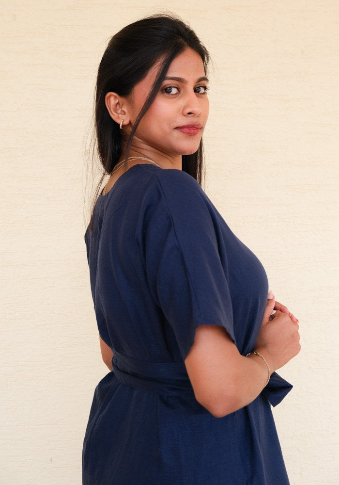 Eterna Linen High Slit Dress with Detachable Belt Midnight Tide - view 5