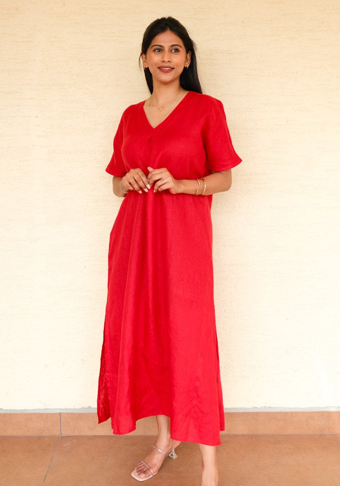 Eterna Linen High Slit Dress with Detachable Belt Jolly Red - view 2