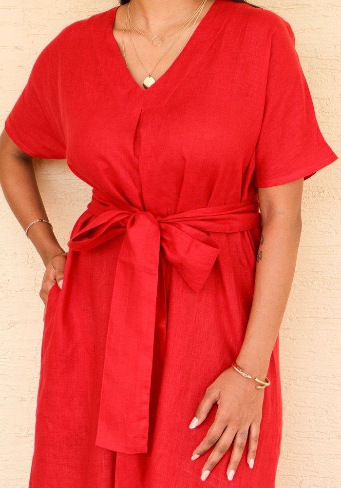 Eterna Linen High Slit Dress with Detachable Belt Jolly Red - view 3