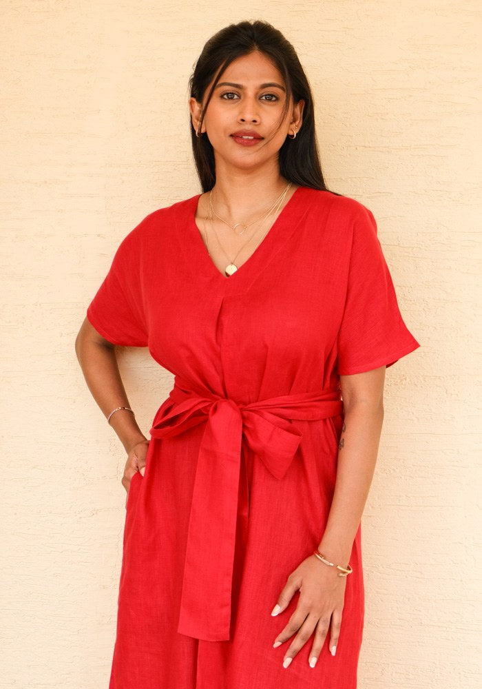 Eterna Linen High Slit Dress with Detachable Belt Jolly Red - view 4
