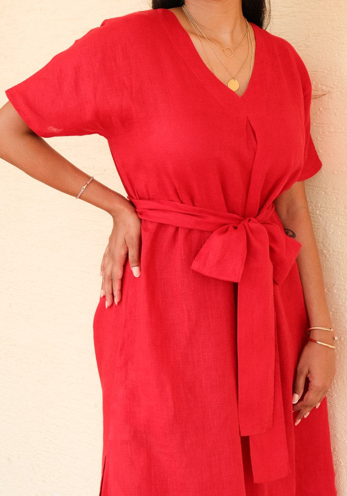 Eterna Linen High Slit Dress with Detachable Belt Jolly Red - view 6