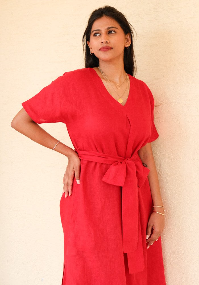 Eterna Linen High Slit Dress with Detachable Belt Jolly Red - view 7