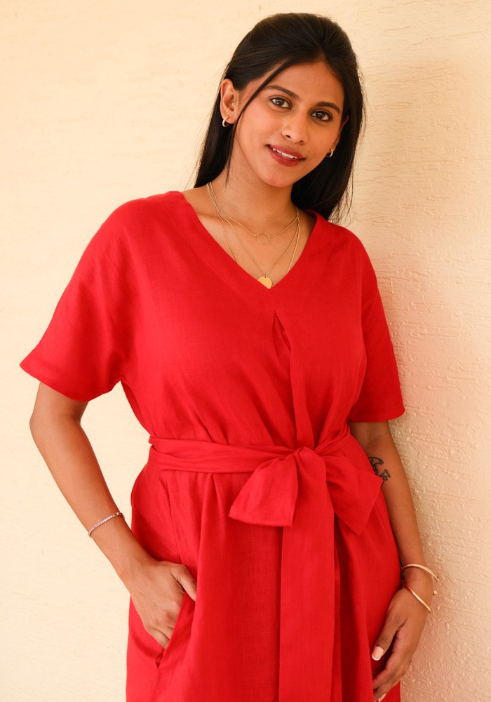 Eterna Linen High Slit Dress with Detachable Belt Jolly Red - view 8