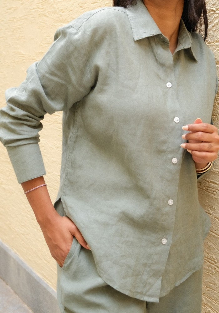 Mid-Rise Linen Trousers Dove Teal - view 3