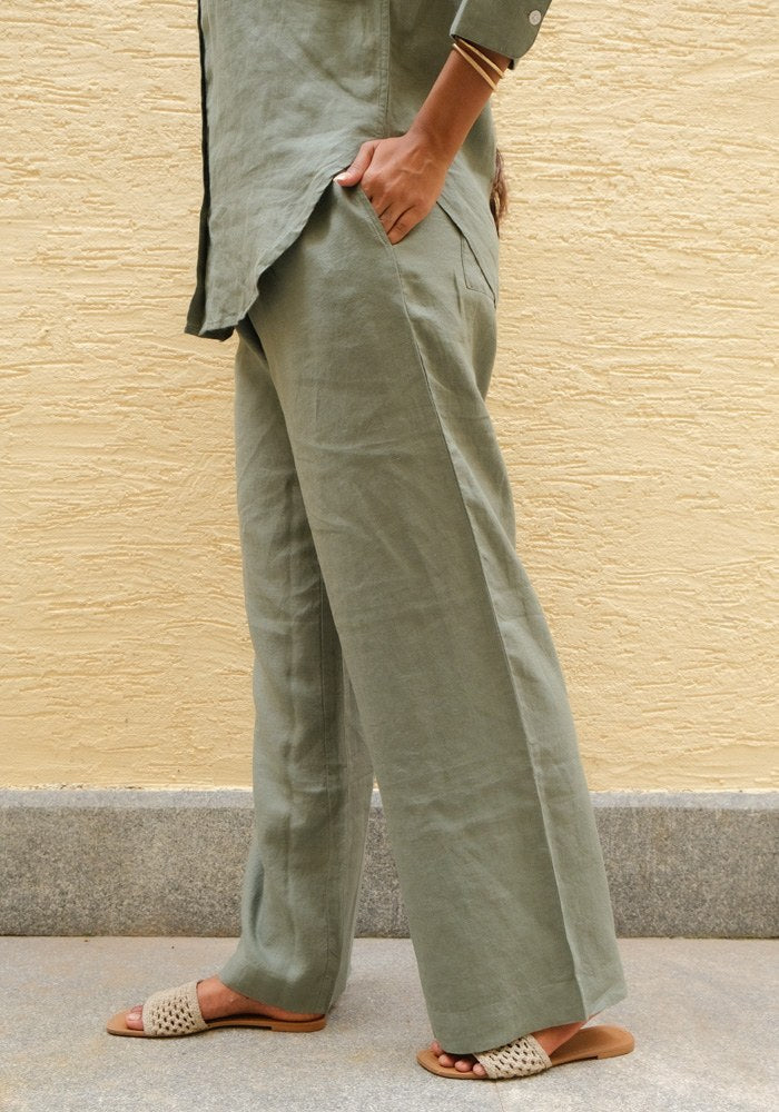 Mid-Rise Linen Trousers Dove Teal - view 4