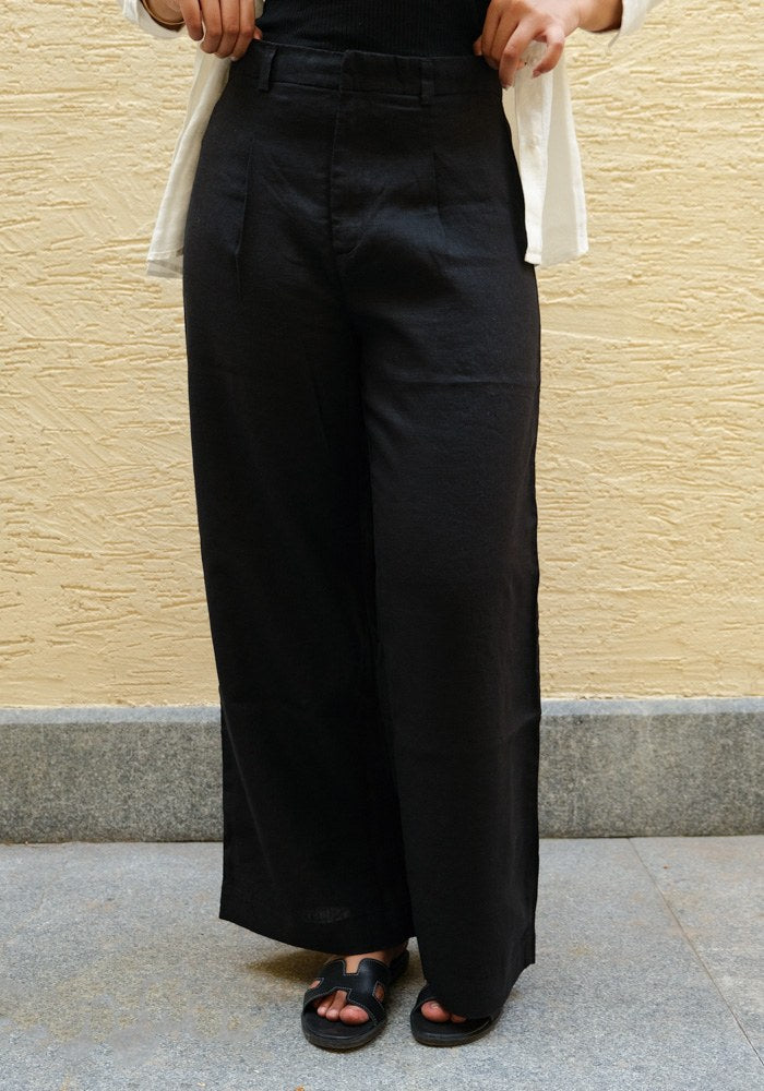 Black High-Waist Linen Trousers Black - view 3