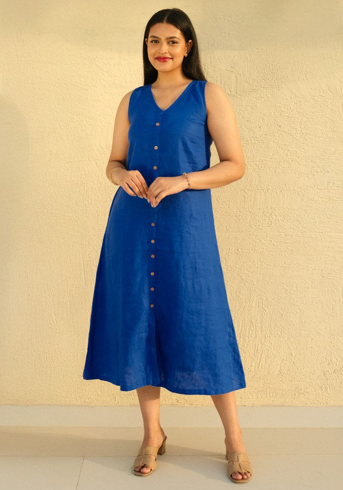 A-Line Linen Midi Dress Royal Wave - view 1