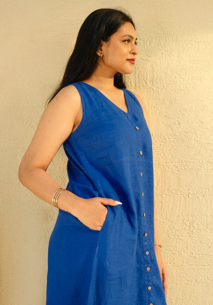 A-Line Linen Midi Dress Royal Wave - view 3