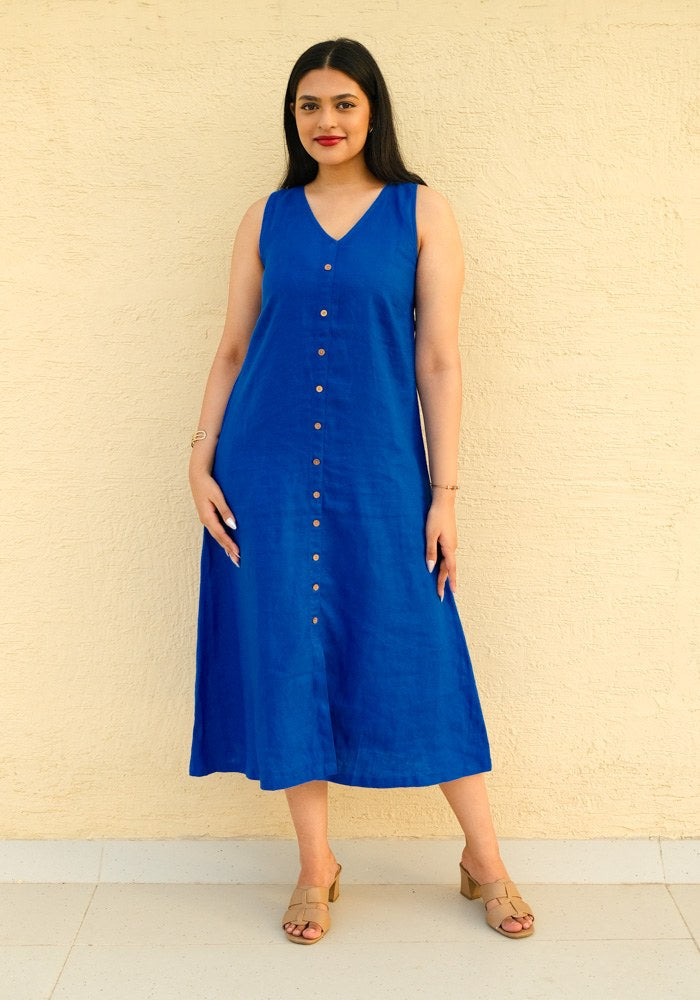 A-Line Linen Midi Dress Royal Wave - view 5