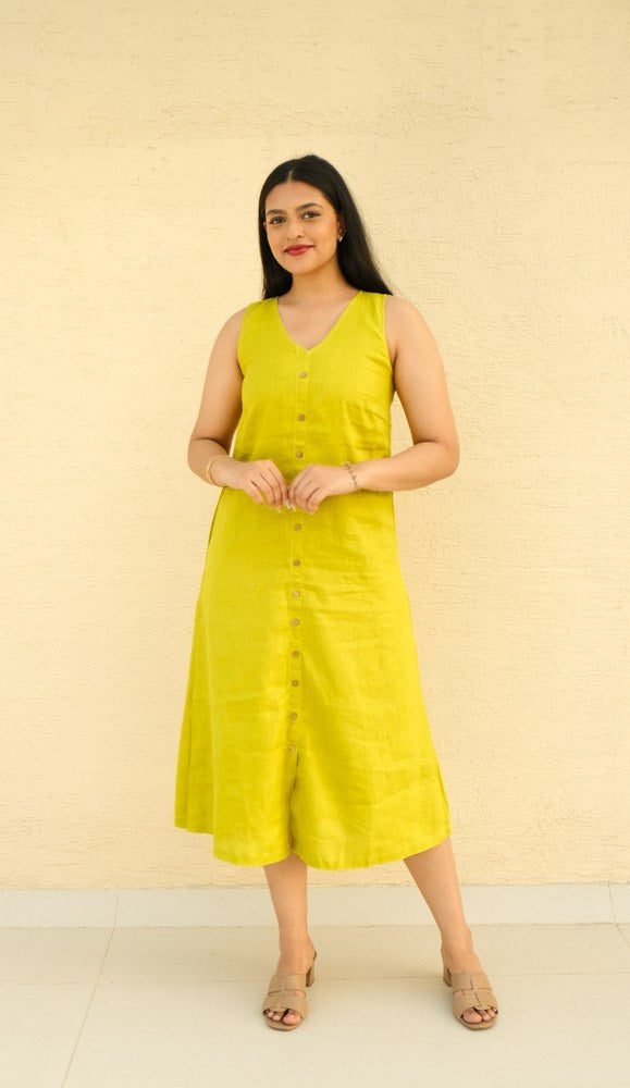 A-Line Linen Midi Dress Golden Lime - view 1
