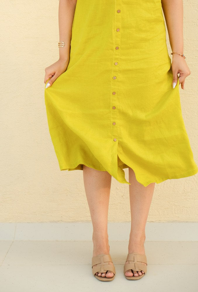 A-Line Linen Midi Dress Golden Lime - view 3