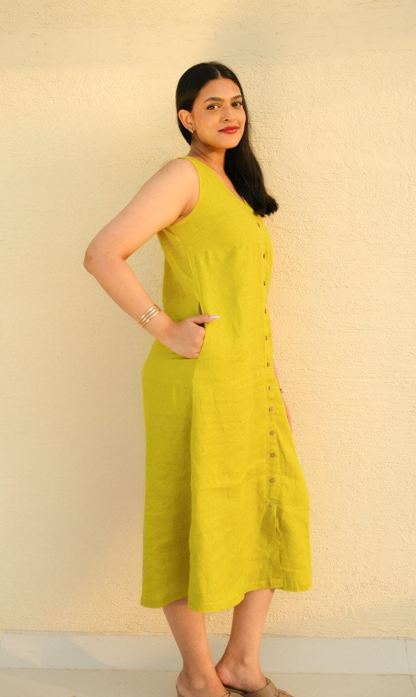 A-Line Linen Midi Dress Golden Lime - view 2