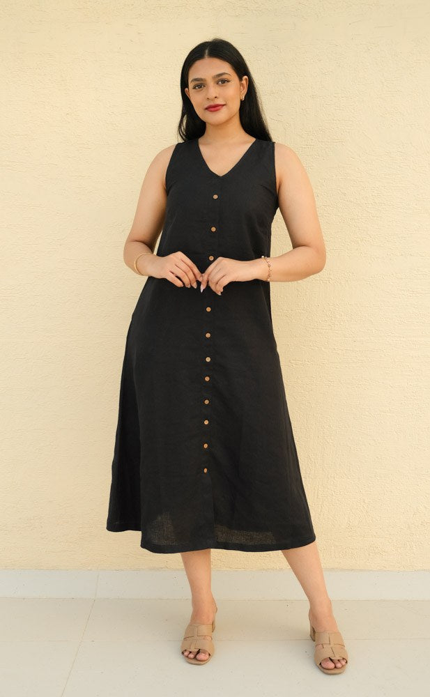 A-Line Linen Midi Dress Midnight Noir - view 1
