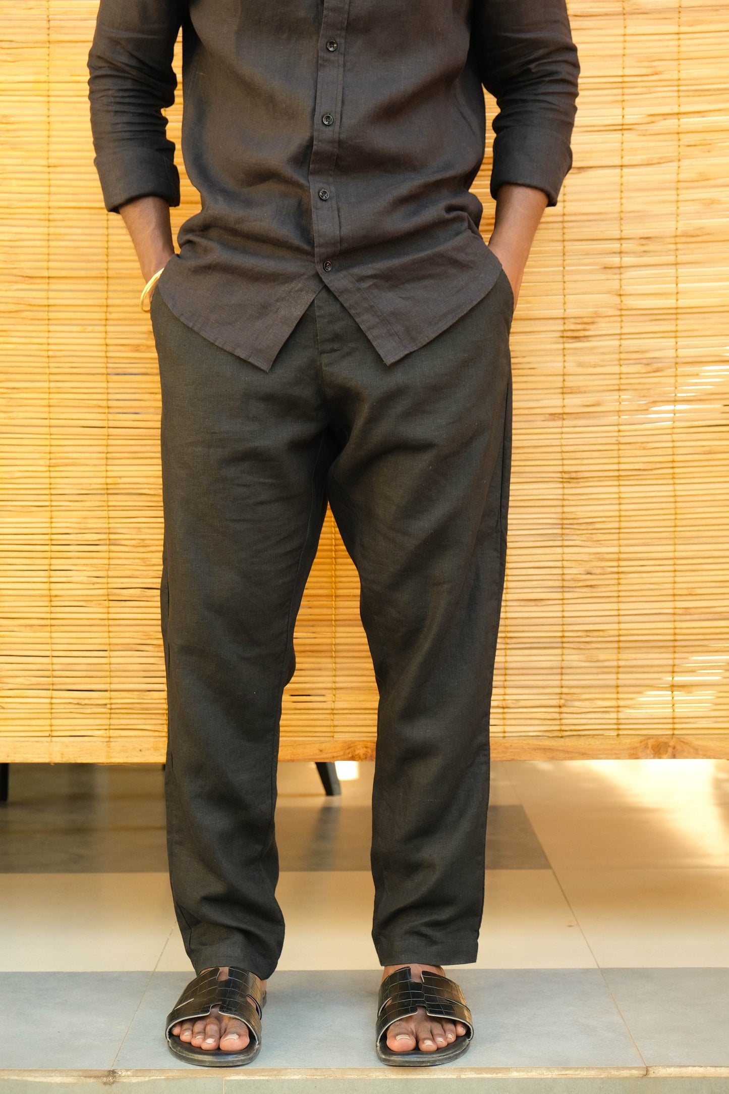 Men's Natural Linen Trousers Midnight Noir side