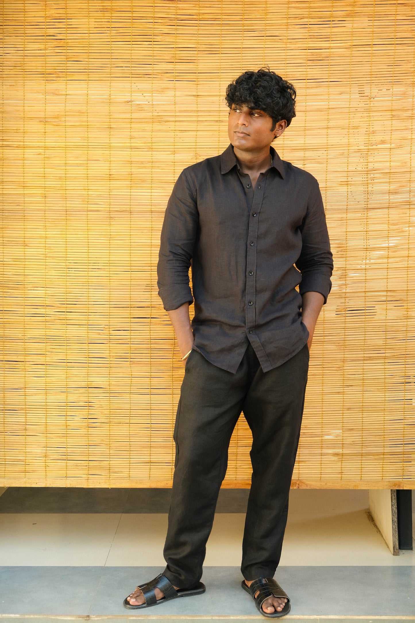 Men's Natural Linen Trousers Midnight Noir back