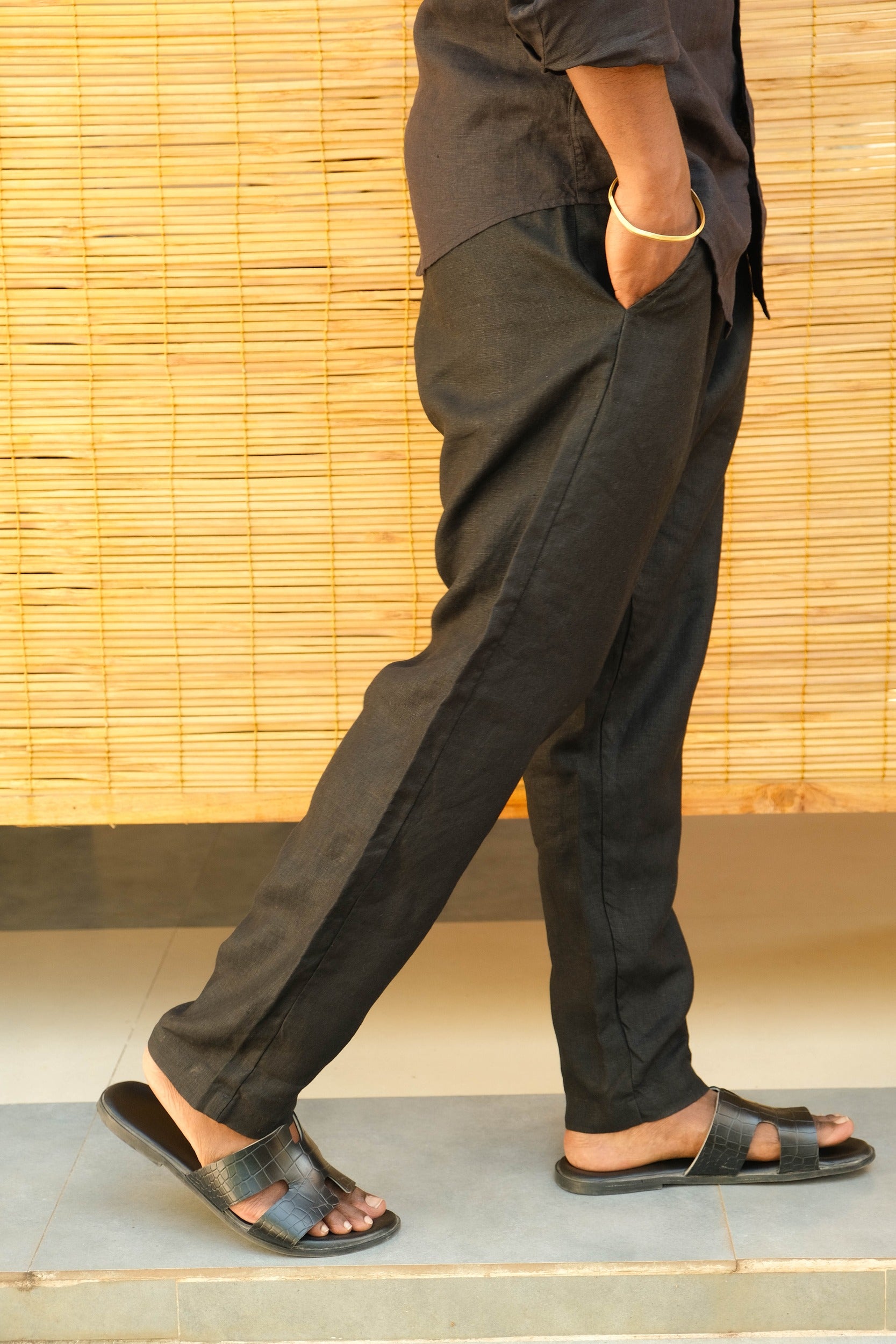 Men's Natural Linen Trousers Midnight Noir full length