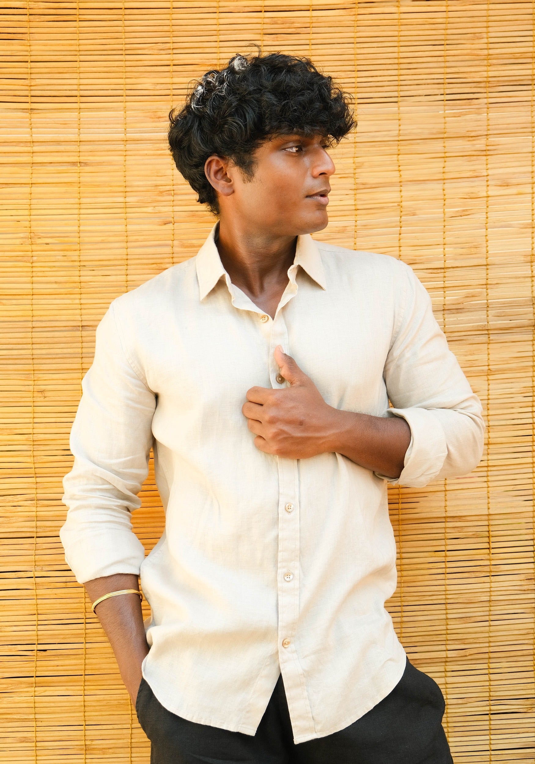 Men's Regular Fit Full Sleeve Linen Shirt Beige - view 1