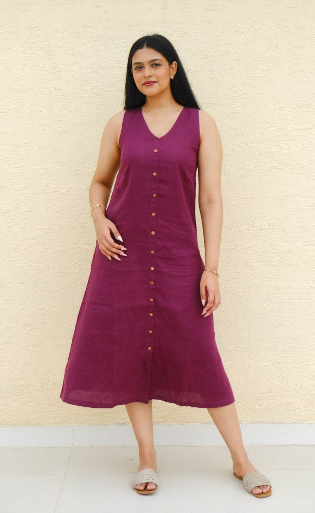 A-Line Linen Midi Dress Merlot Mist - view 3