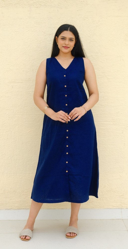 A-Line Linen Midi Dress Midnight Tide - view 1