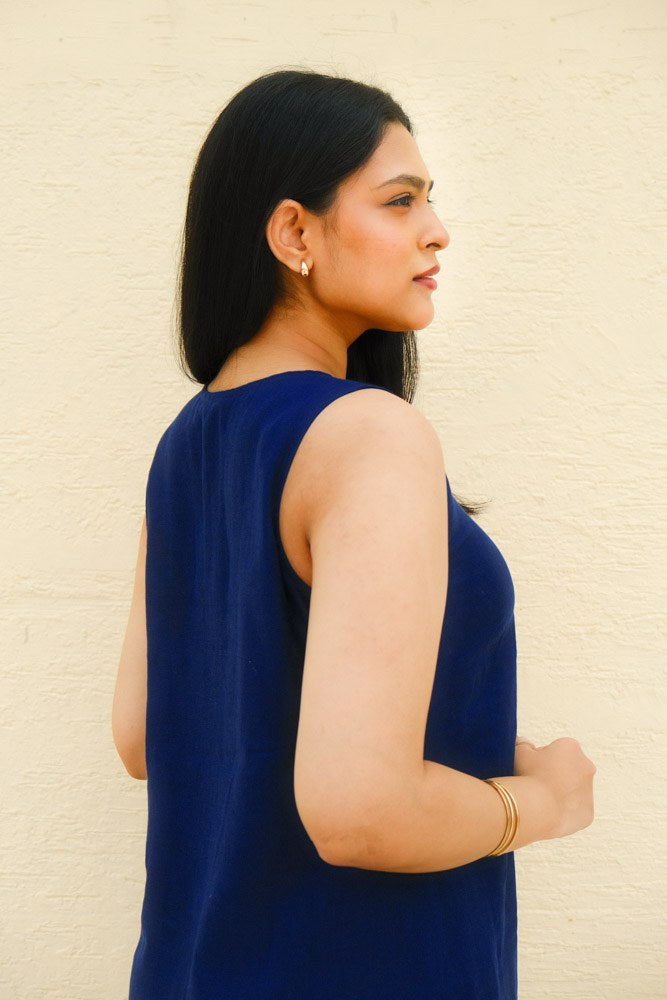 A-Line Linen Midi Dress Midnight Tide - view 2