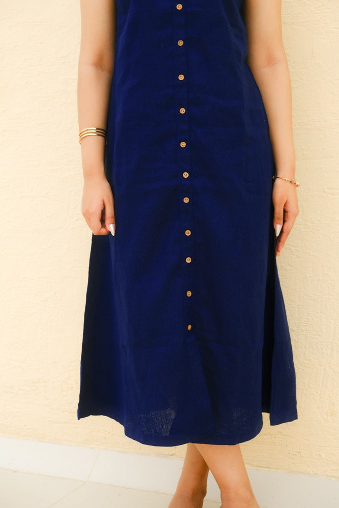 A-Line Linen Midi Dress Midnight Tide - view 5