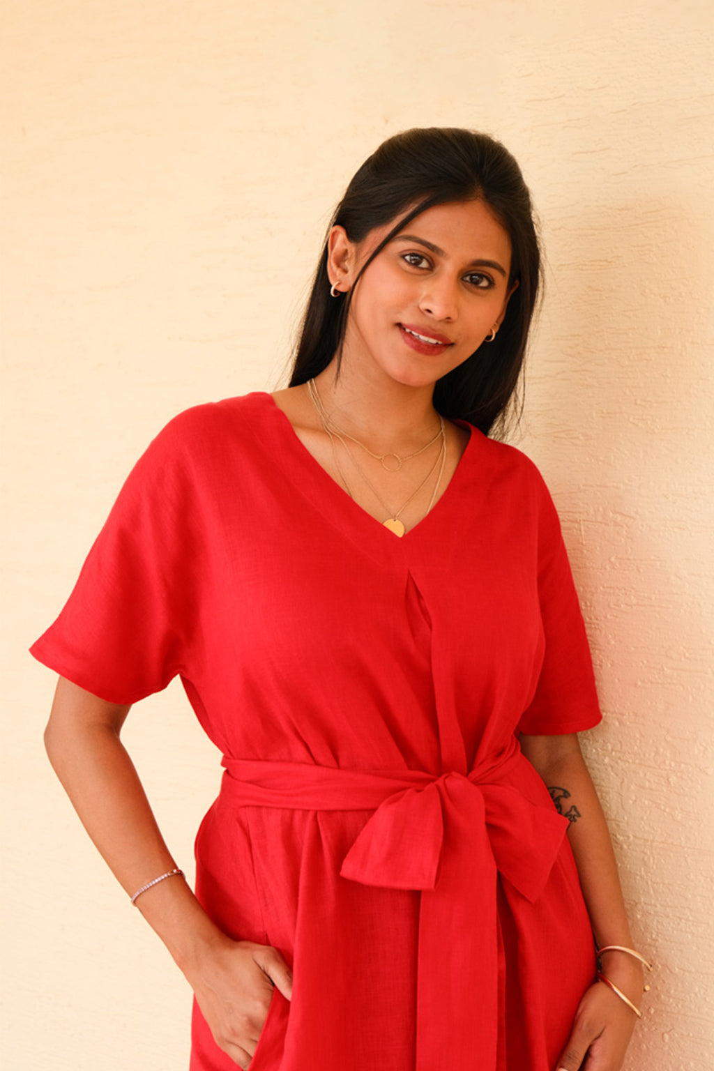 Eterna Linen High Slit Dress with Detachable Belt Jolly Red - view 1