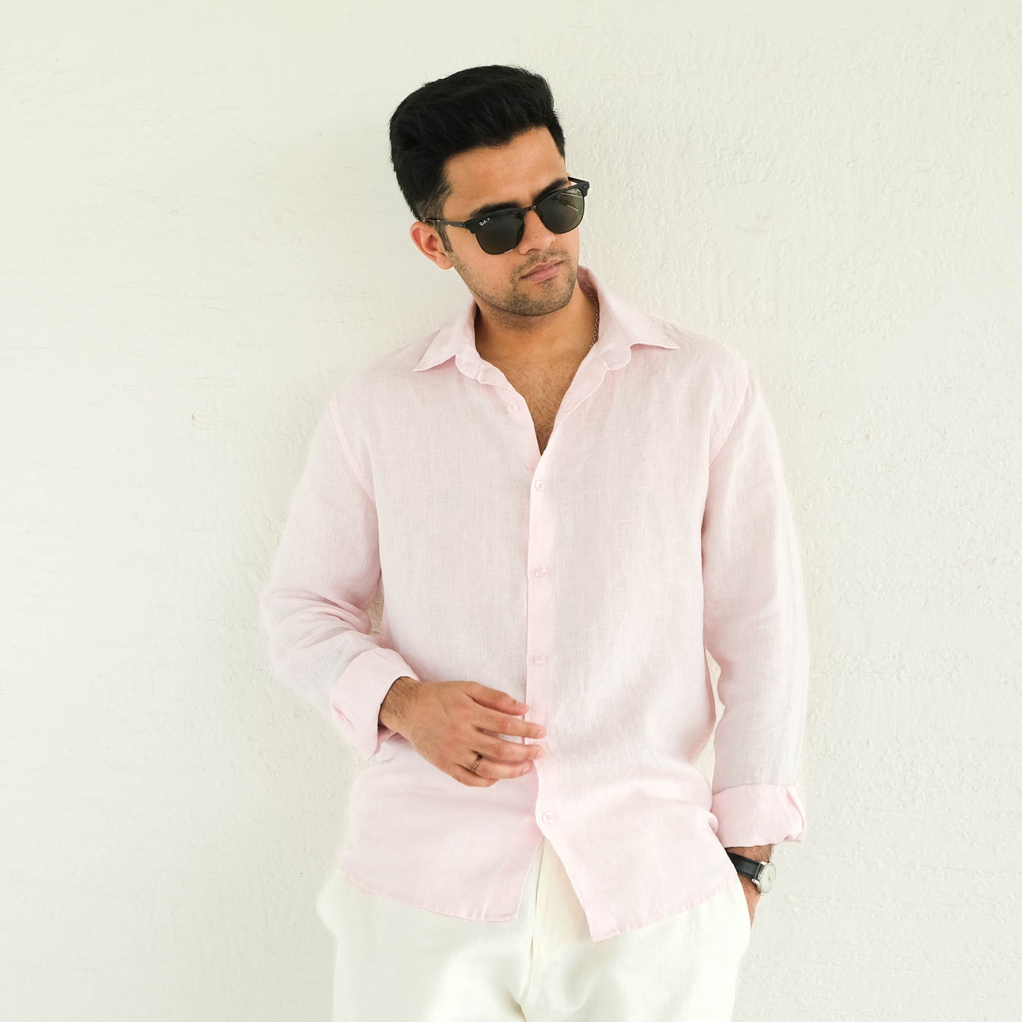 Men's Regular Fit French Placket Linen Shirt Baby Pink - view 1