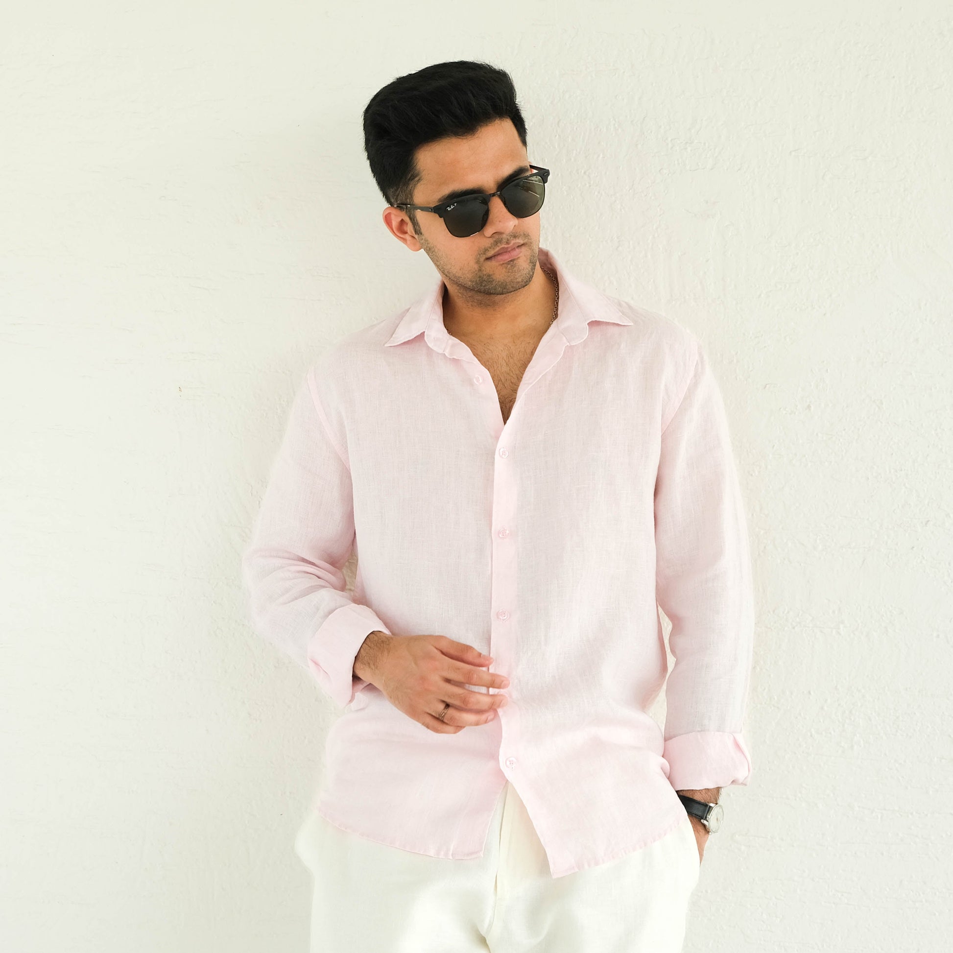 Men's Regular Fit French Placket Linen Shirt Baby Pink - view 1