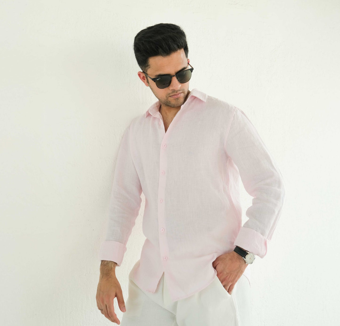 Men's Regular Fit French Placket Linen Shirt Baby Pink - view 4