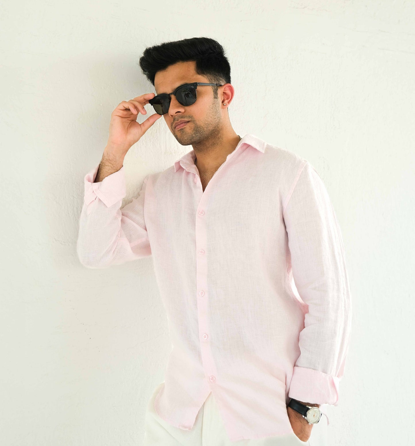 Men's Regular Fit French Placket Linen Shirt Baby Pink - view 5