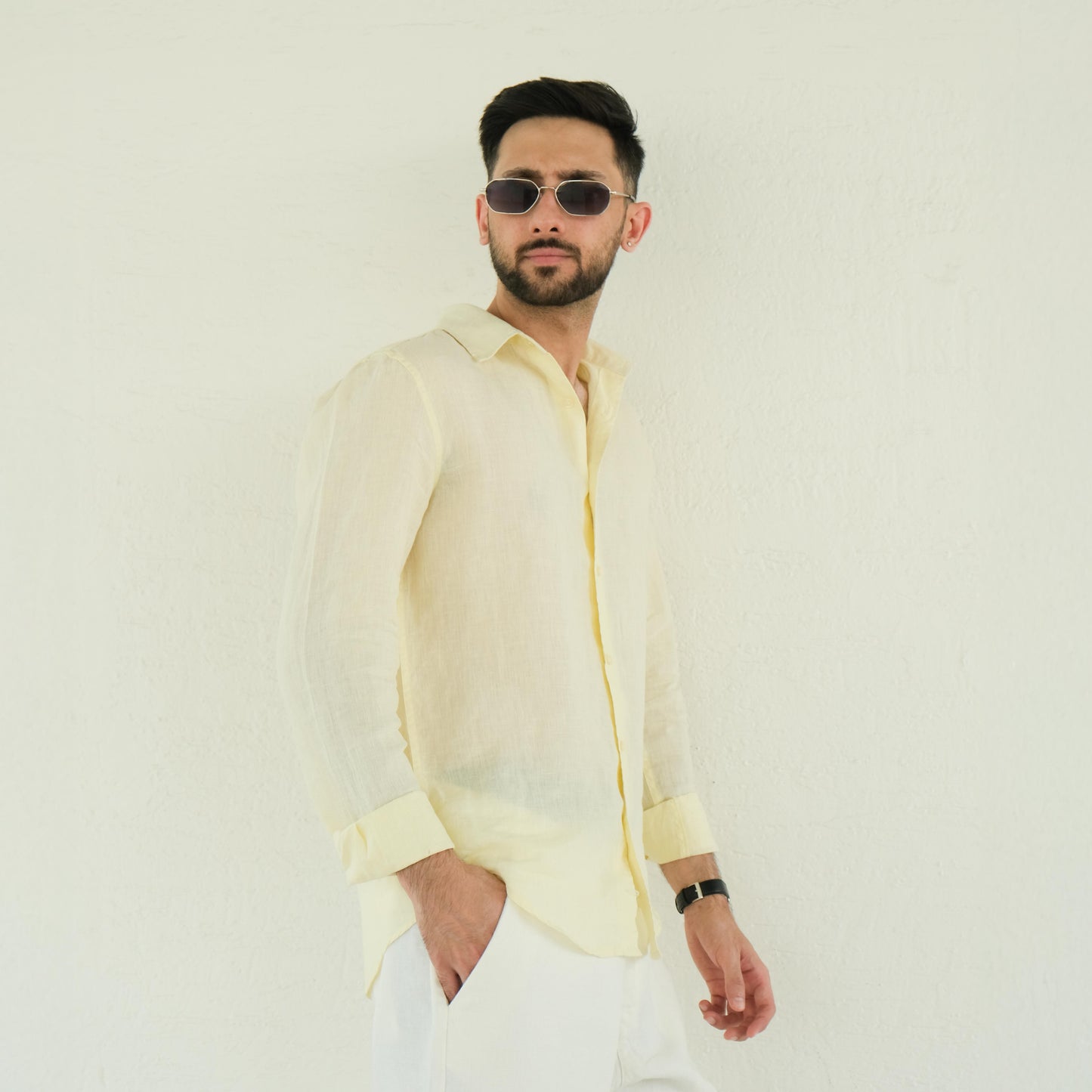 Men's Regular Fit French Placket Linen Shirt Butter Yellow - view 5