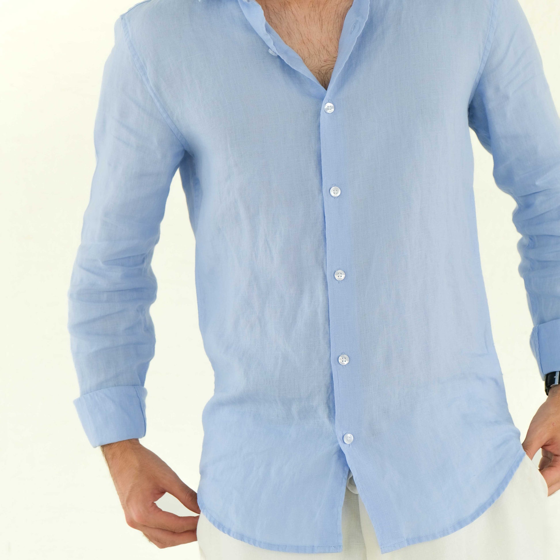 Men's Regular Fit French Placket Linen Shirt Lilac Blue - view 5