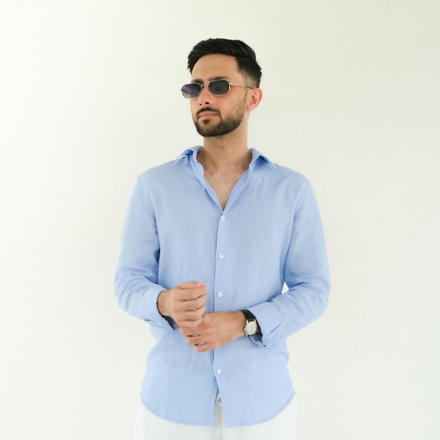 Men's Regular Fit French Placket Linen Shirt Lilac Blue - view 6