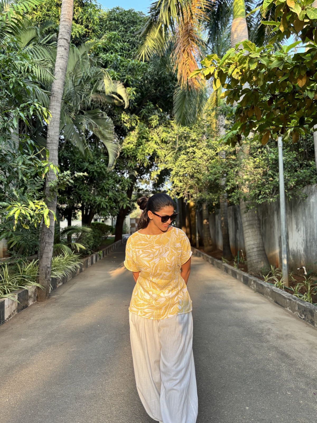 Yellow Leaf Print Muslin Tie-Back Top